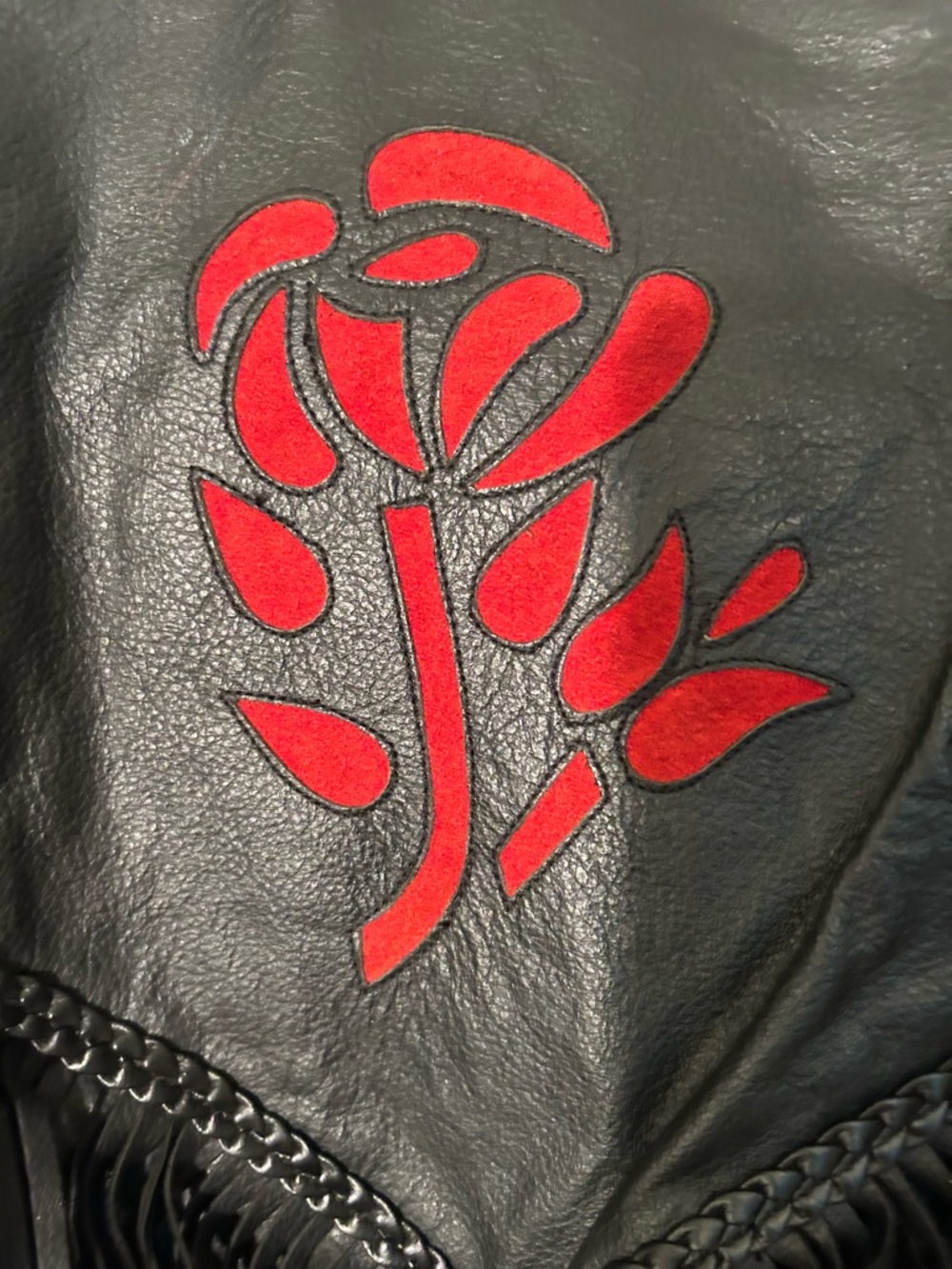 Vintage Black Leather Fringed Jacket With Red Roses Women’s Size Medium - Picture 5 of 11